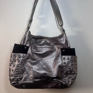 B Makowsky Metallic Chrome Leather y2k Silver Studded Shoulder Bag